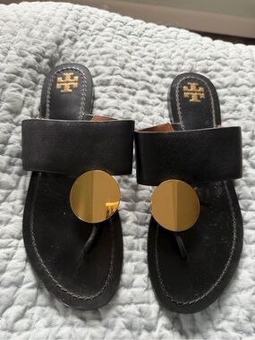 Tory Burch Patos Sandsls - Black Leather Slides with Gold Disc Accents